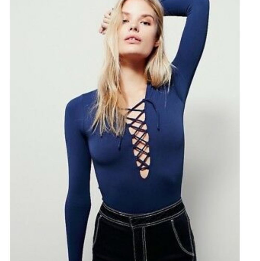 Free People Blue Lace Up Stretchy Long Sleeve Shirt